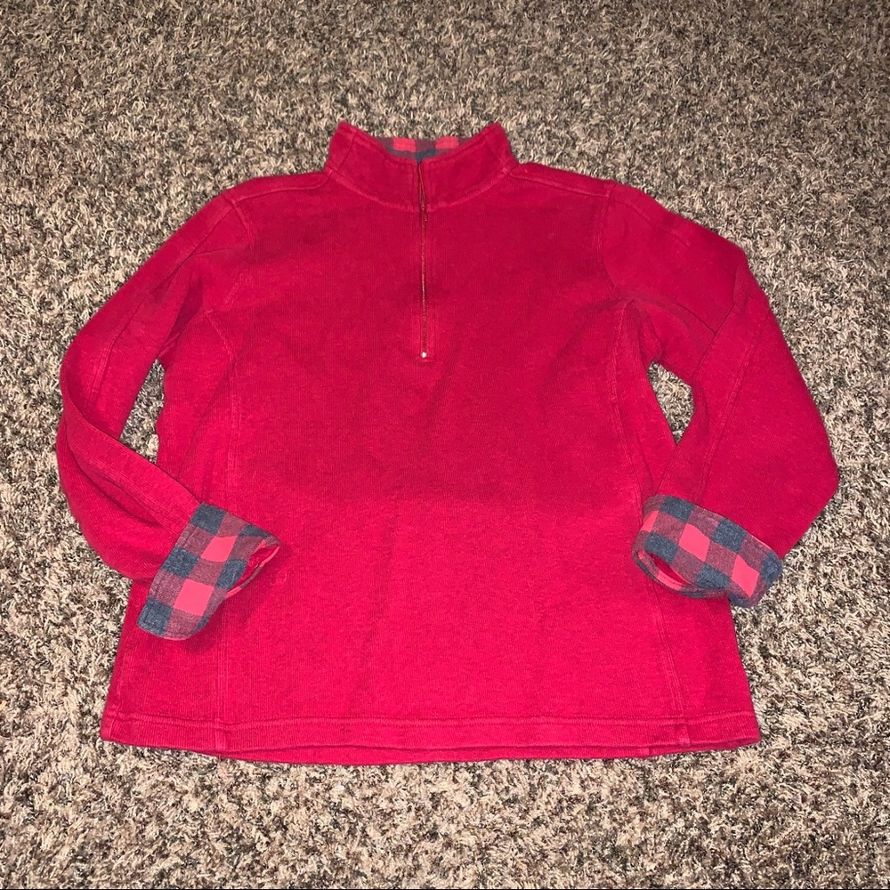 Orvis Sweatshirt Womens Medium Plaid Signature Trimmed 1/4 Zip Sweater Flip Cuff
